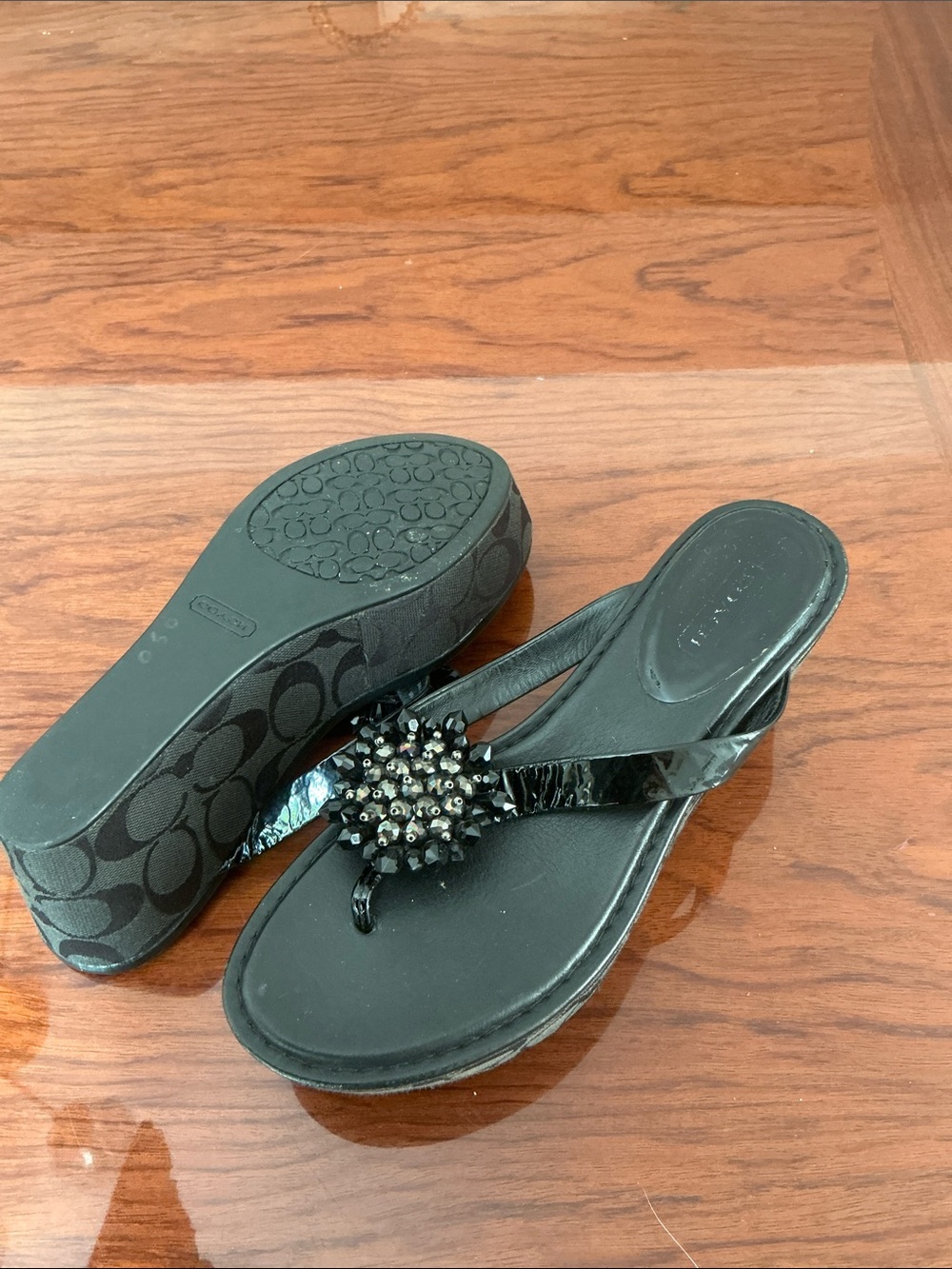 Coach Black Signature Wedge Flip Flops with Crystal Cluster - Picture 2 of 3